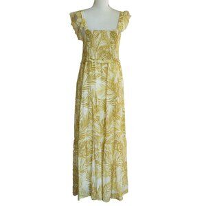 Nanette Lepore Smock Tiered Maxi Dress Bali Palm Leaf Ruffle Tropical 70s Hippie